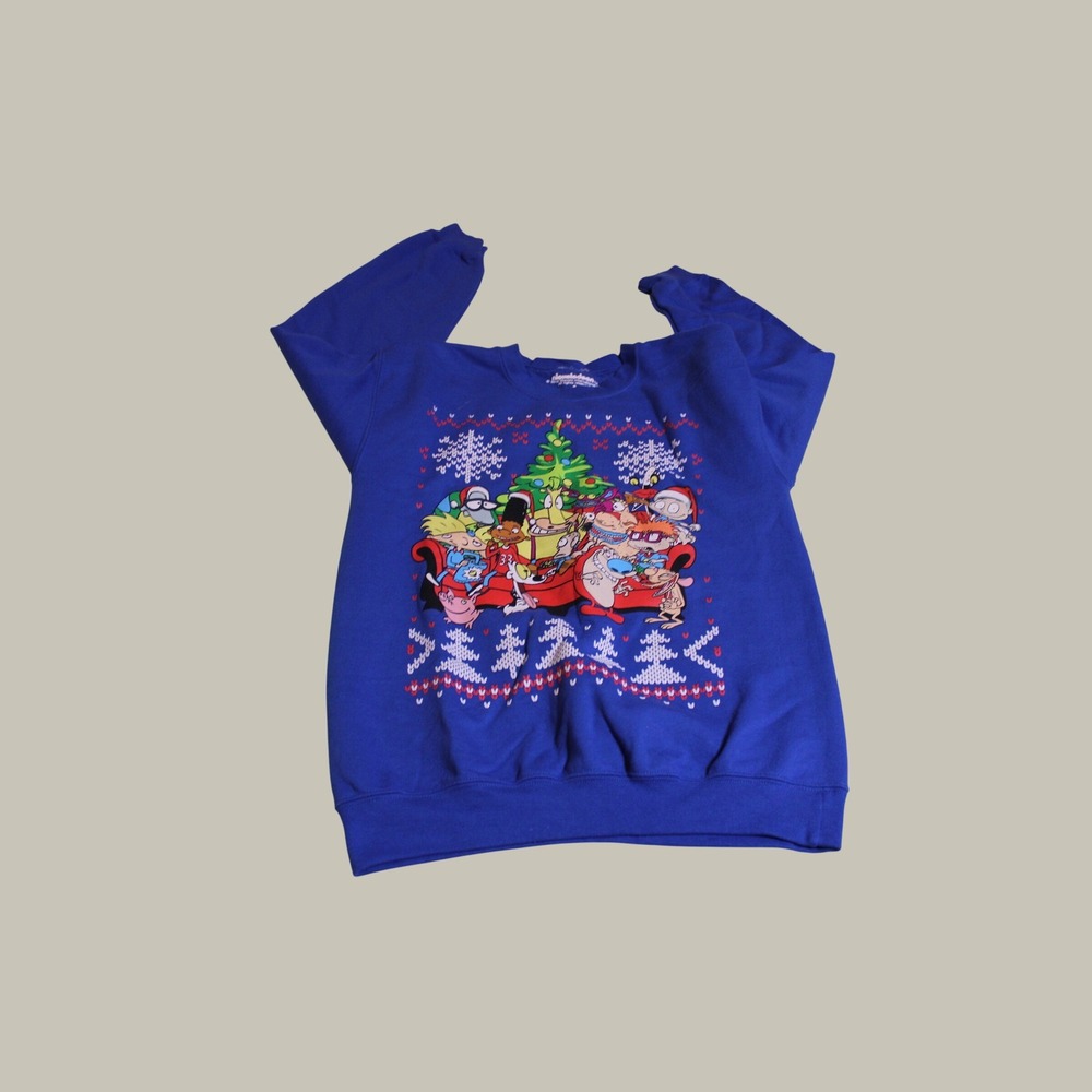 Nickelodeon 90s Cartoons Christmas Sweatshirt Blue Rugrats Hey Arnold Small